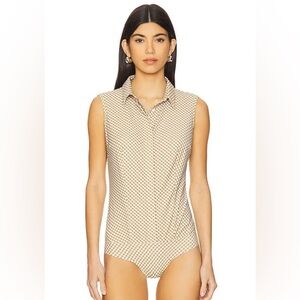 COMMANDO Classic Sleeveless Button Down Bodysuit Cactus Gingham Green Size Small